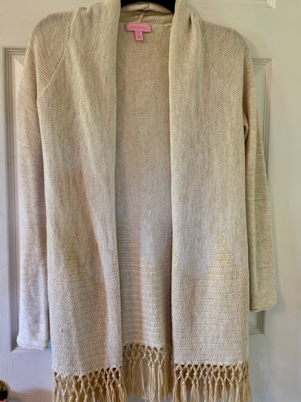 Lilly Pulitzer Cream gold Open-Front Knit Cardigan with Fringe